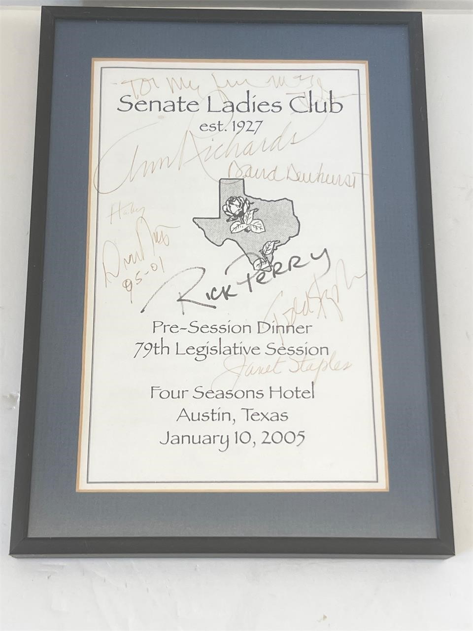Senate Ladies Clubs dinner signed by Ann Richards
