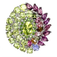 Natural Peridot  Rhodolite Garnet Tanzanite Ring