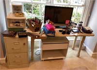 Desk, file cabinet, computer, and contents