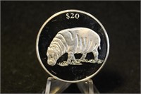 2000 Liberia $20 Silver Hippo Coin