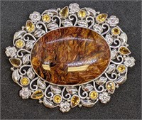 Sterling Silver Brown & Orange Stone Brooch / Slid