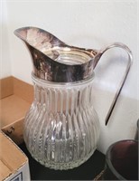 ITALIAN PRESSED GLASS WATER PITCHER, SILVER PLATE