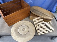 Wooden crate and contents - cedar box, trivets,