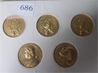 Lot of Five Gold Colored Pope Coins