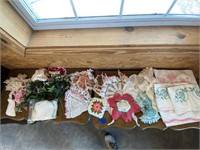 Box of Doilies & Silk Flowers & Pillow Cases