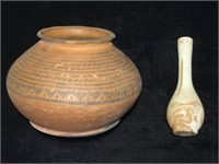 Signed Bud Vase and Unsigned Red Clay Pot