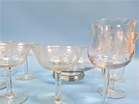 Etched Crystal Glass Bowl & Glasses