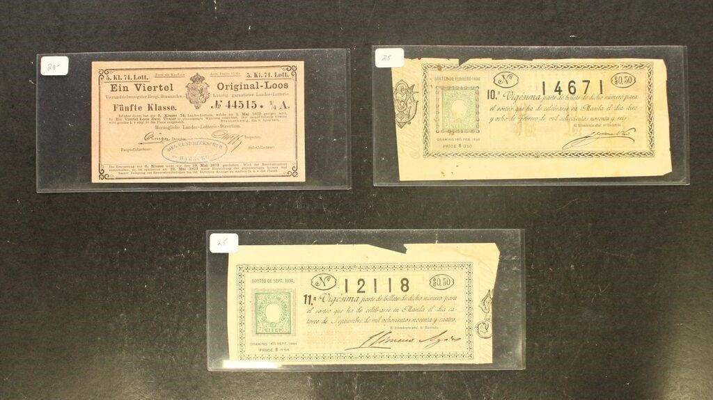 1870s-1890s Worldwide Lottery tickets group of 3,