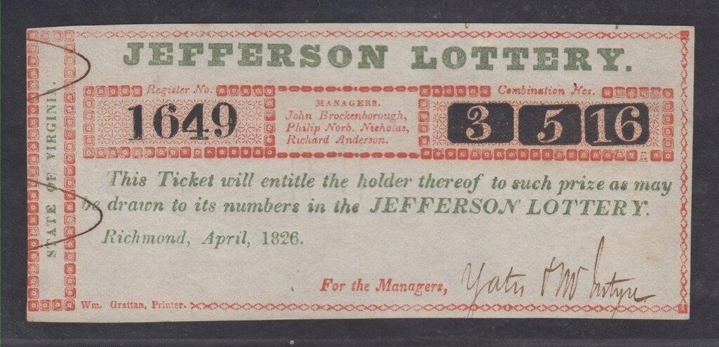 1826 Jefferson Lottery ticket from Richmond, Uncir