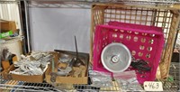 Shelf contents incl heat lamp, poly crates & more