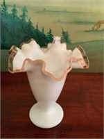 Fenton white melt glass with pink scalloped edge