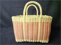 Vintage Pink & Yellow Woven Basket Bag w/ Handles