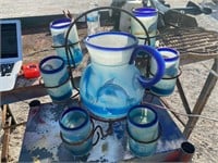 Dolphin Painted Glass Pitcher and Glasses