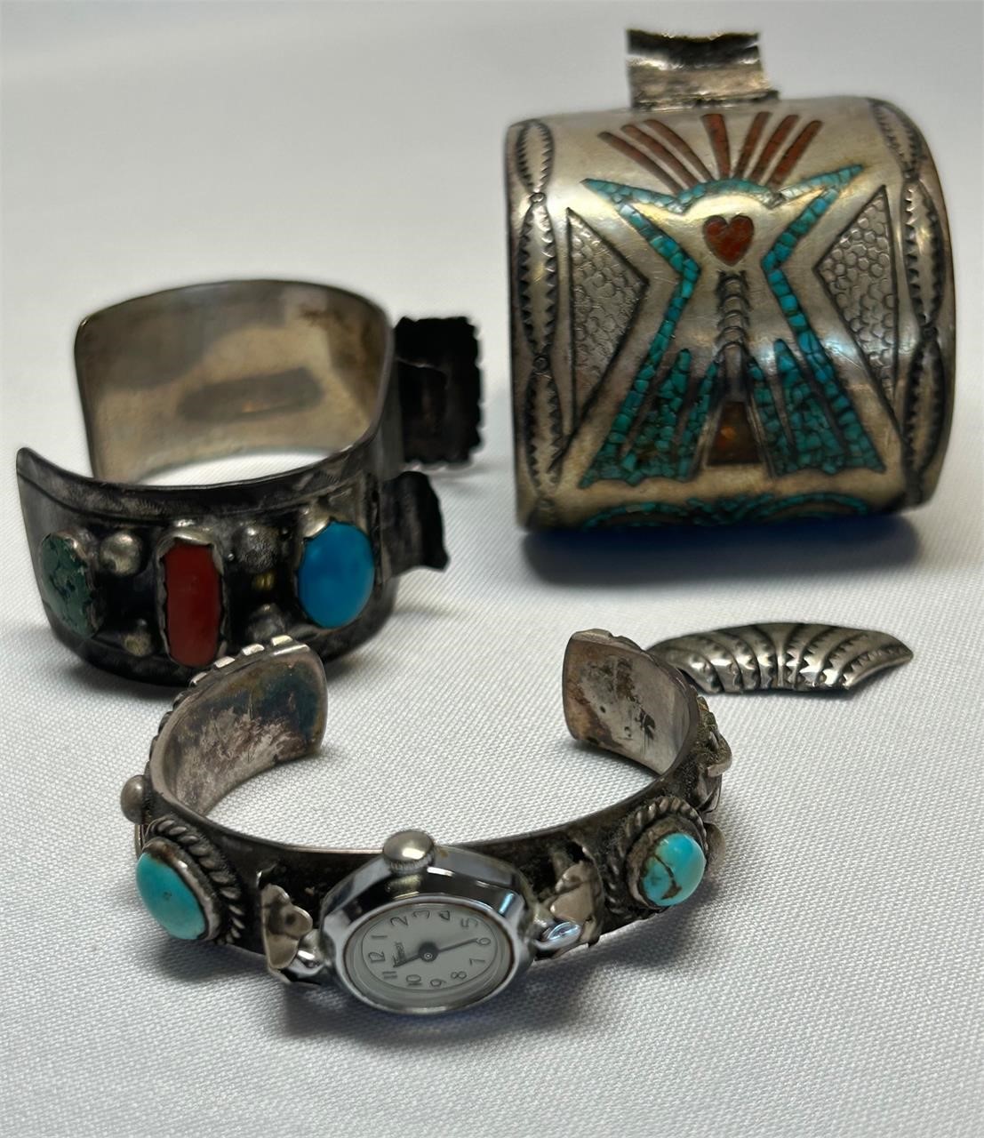3 Silver, Turquoise, Coral Cuff Watch Bracelets
