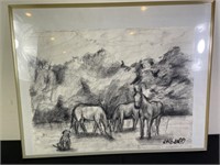 ‘Horses In Valley’ Charcoal Drawing- Signed