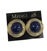 Stylish Round Navy And Gold-tone Earrings