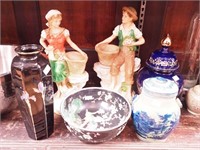 Four Asian-inspired items: bowl; ginger jars;