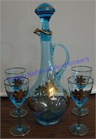 Romanian Blue Glass Decanter Set