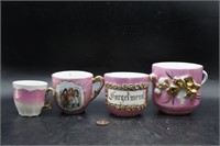4 German "Forget-Me-Not" Pink Lusterware Cups++