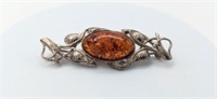 Victorian Amber Sterling Silver Brooch