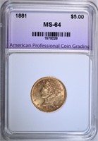 1881 $5.00 GOLD LIBERTY, APCG CH/GEM BU