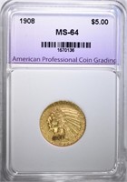 1908 $5.00 GOLD INDIAN, APCG, CH/GEM BU