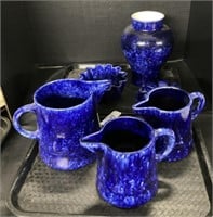 11 pc Blue Sponge-ware Pottery Pitchers, Vase.