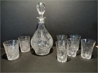 Etched Decanter and 7 Glasses
