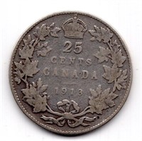 1913 Canada 25 Cents Silver Coin