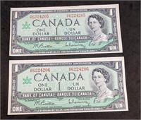 2 x 1967 Bank of Canada $1 Bank Notes - Consecutiv