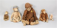 5 Early Vintage Stuffed Monkeys Steiff Toys