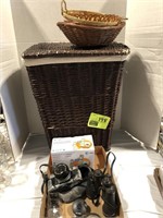 BIG WICKER HAMPER, BINOCULARS, CANON AE-1 CAMERA