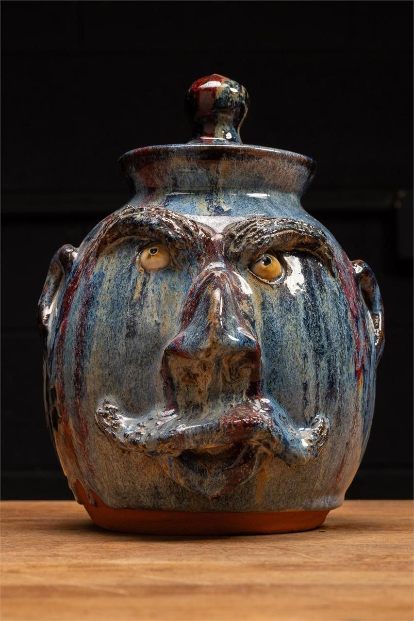 Blue Glazeware Face Jar w/ Lid by Billy Joe Craven