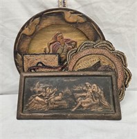 Vintage Carved Wood Plate, Handmade Trivets & More