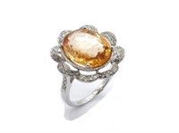 Hessonite garnet, diamond & 18ct white gold ring