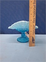 Blue Opalescent Glass Ruffled Candy Dish