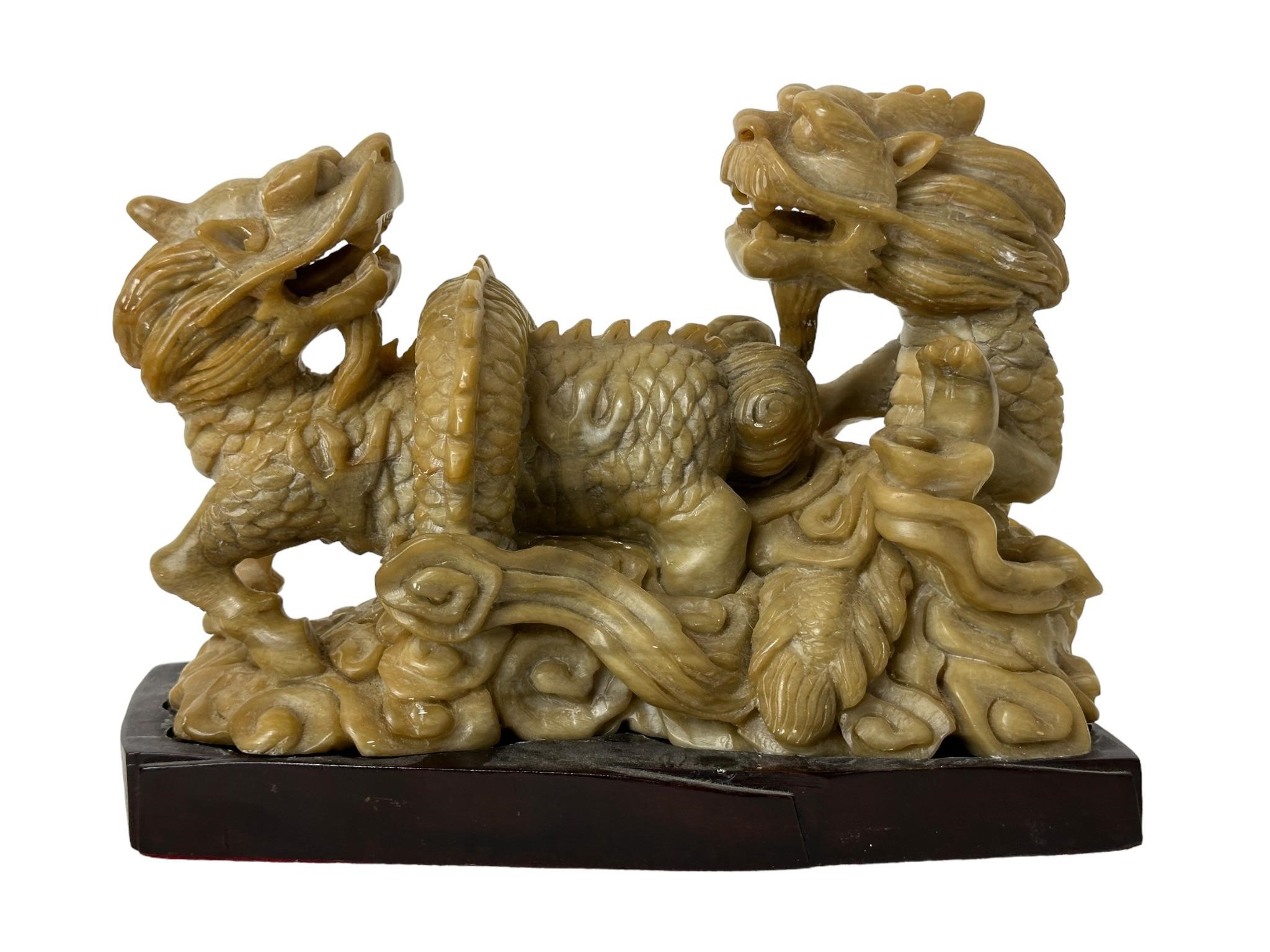 Double Dragon Carved Soapstone w/ Wood Base