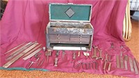 Old wooden tool box with contents - wrenches,