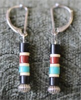 Sterling Turquoise, Black Jet & Coral Earrings