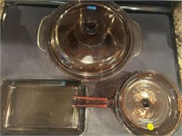 (2) Vision Glass Pots & Pyrex Baking Dish