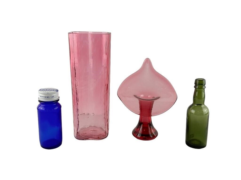 Bromo Seltzer Bottle, Cranberry Glass Vases