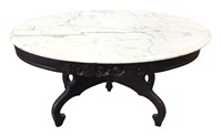 Atq. Oval Marble Top Carved Walnut Coffee Table