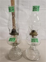 2 – Vintage Clear Glass Oil Lamps-Pedestal