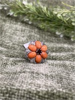 .925 Sterling Silver Coral Gemstone Ring Size 10