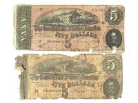 2 Civil War Era Confederate $5 Notes
