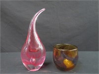 CRANBERRY GLASS VASE & AMBER GLASS BOWL