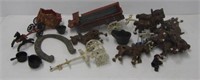 Various cast metal horses, wagons, miniature pots
