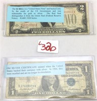 1957 one dollar silver certificate and two d