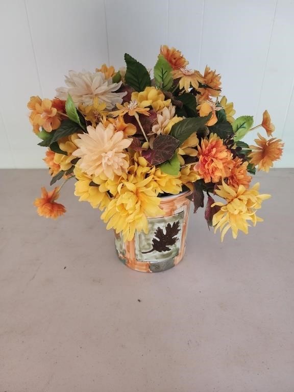 15" fall ceramic planter with faux flowers