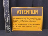 Vintage US Forest Service Attention Metal Sign
